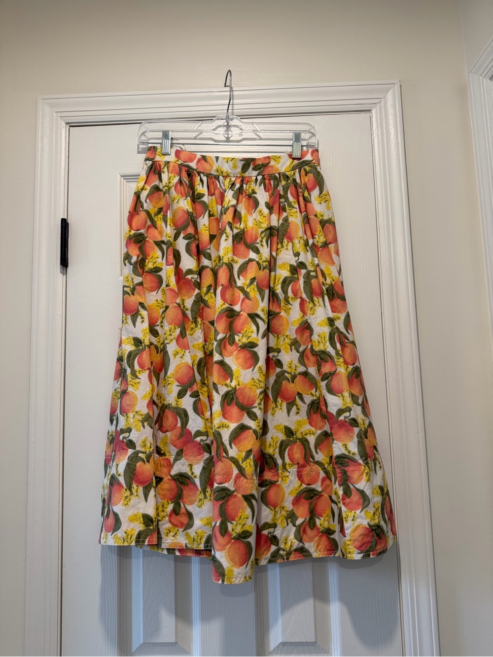 J. Crew White Midi Skirt with Peach & Green Fruit Print